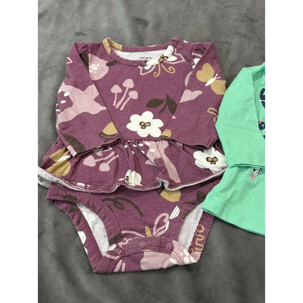 Carters and HM Baby Girl 3 Month Bodysuit and Tee Bundle 3pc Floral Dog Bird